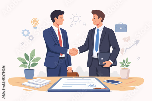 Two professional businessmen in suits shaking hands over a signed contract document on a desk, symbolizing a successful business deal, partnership, executive collaboration, and agreement.