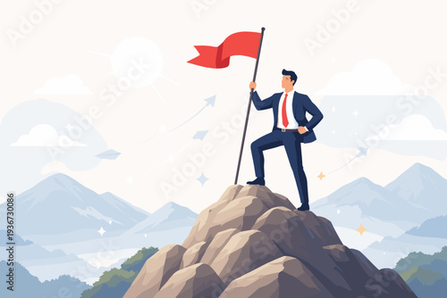 Businessman Standing on Mountain Peak Holding Red Flag Representing Success, Leadership, Achievement, and Goal Attainment in Business, Pioneering Spirit, Ambition, and Reaching the Top Concept
