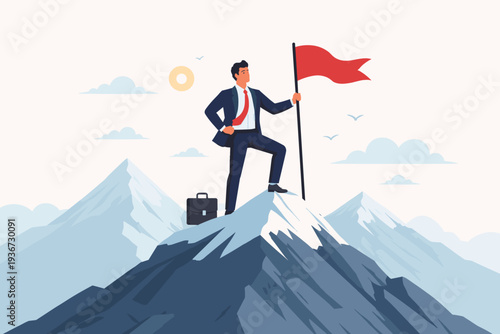 Successful Businessman Standing on Mountain Peak Holding a Red Flag Representing Achievement, Leadership, and Career Growth, Concept of Reaching Goals, Business Success, and Ambition.
