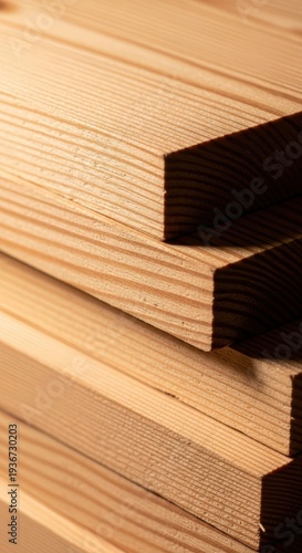 Detailed close-up view of stacked wooden planks showing multiple layers and natural grain patterns, useful for background or material design, construction, closeup, lumber