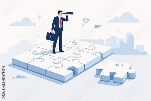 Businessman Looking Through Telescope on Large Jigsaw Puzzle Searching for the Final Missing Piece to Complete a Project, Concept of Business Vision, Leadership, Strategy, and Finding Solutions