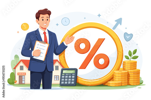 Professional businessman presenting fixed interest rate mortgage or loan concept with house for sale, calculator, stacks of gold coins, and large percentage symbol for banking and investment.