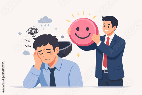 Mental Health Support and Workplace Wellness Concept with Businessman Placing a Large Smiley Face into a Stressed Colleague's Head to Cure Depression, Anxiety, and Burnout at Work Illustration