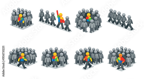 Colored individual moving among gray crowds on dark surface