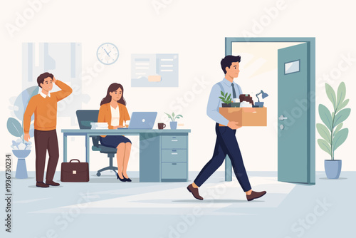 Employee Resigning and Leaving Office with Box of Personal Belongings, Man Quitting Job for Career Change, Great Resignation Concept, Human Resources Management and Staff Turnover Illustration