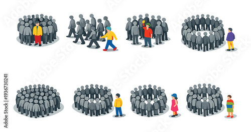 Colored people near circular crowds on dark background
