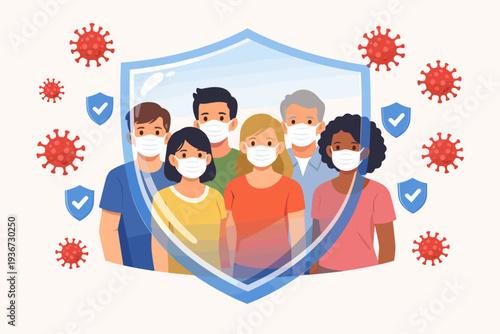 Herd Immunity and Virus Protection Concept with Group of Diverse People Wearing Face Masks Behind a Protective Shield Against Coronavirus COVID-19 Pandemic Outbreak for Health and Safety.