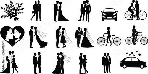 Romantic couple silhouettes wedding poses kissing dancing holding hands bicycle bouquet cake car hearts illustration, love relationship design template