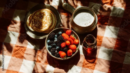 Breakfast scene featuring pancakes, fresh berries, and a cup of coffee on a checkered tablecloth with sunlight casting soft shadows across the setting