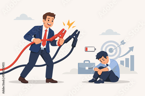 Energetic businessman using jumper cables to recharge a tired employee with low battery, representing career motivation, professional coaching, mentorship, and overcoming burnout for success.