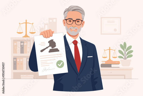 Mature male attorney or judge in a professional law office holding a legal document with a gavel icon and green checkmark, symbolizing justice, court approval, and successful case resolution.