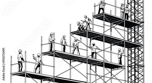 Construction workers on metal scaffolding structure vector illustration black and white line art for building industry engineering and architecture projects