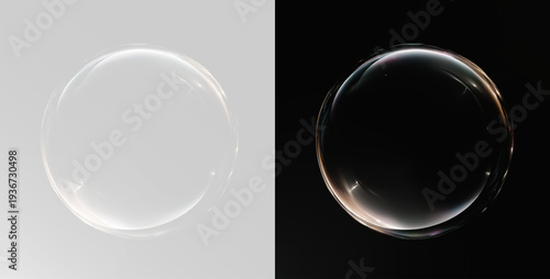 Foto Soap bubble with transparent sphere and realistic water reflection, isolated ove