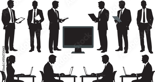 Business people working silhouettes set, office workers with laptop documents and computer corporate teamwork concept