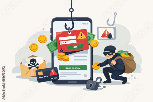 Mobile Phone Banking Scam and Phishing Fraud Concept with Thief Stealing Money and Personal Data from Smartphone, Cybercrime Hacker Using Bait Link to Compromise Financial Security and Accounts