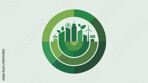 Green cityscape logo with eco friendly buildings and leaves in circular frame symbolizing sustainability and environmental harmony in a modern urban setting