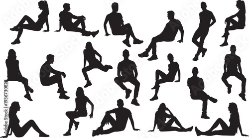 Collection of sitting people silhouettes, men and women casual seated poses isolated vector set illustration