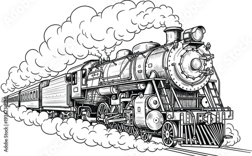Vintage steam locomotive train engraving style vector illustration with smoke and steam on tracks for travel history and classic transportation