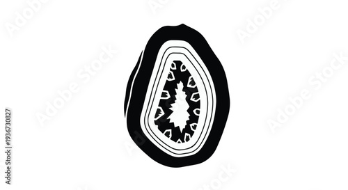 Minimalist black and white graphic illustration of a fresh papaya fruit sliced in half, revealing its distinctive seeds and succulent flesh, ideal for health and wellness designs