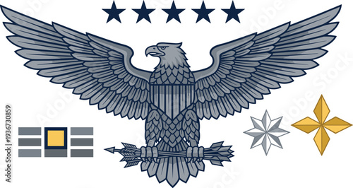 American eagle military emblem with stars arrows and rank insignia patriotic army symbol vector illustration isolated on background