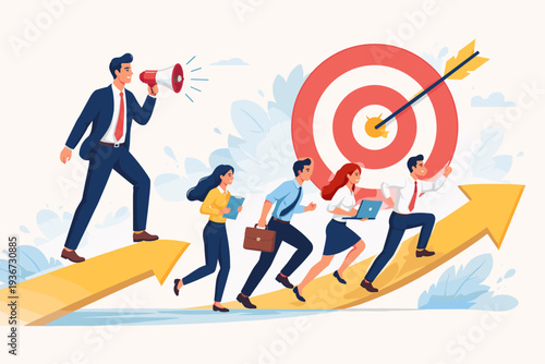 Business Leader Motivating Team with Megaphone to Reach Target Goal, Coworkers Running up Arrow Towards Success, Leadership Guidance, Corporate Strategy, Teamwork and Career Growth Concept