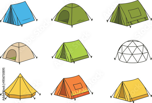 Camping tent collection set with various outdoor shelter styles including dome, canvas, and glamping tents colorful camping equipment vector illustration