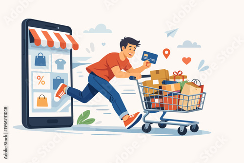 Young Man Holding Credit Card and Pushing a Full Shopping Cart Out of a Large Smartphone Screen, Online Shopping and Mobile Commerce App Concept for Fast Delivery, Digital Payment, and E-commerce.
