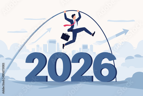Businessman Pole Vaulting Over Year 2026 to Overcome Business Challenges and Achieve Success, Concept of Economic Recovery, Growth, and Reaching Future Goals in Corporate Career and Finance