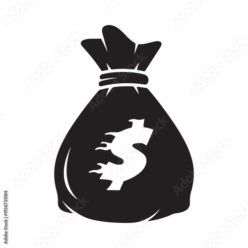 A black and white illustration of a money bag with a dollar sign