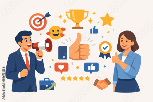 Business recommendation and customer feedback concept with professional man using megaphone and woman giving thumbs up. Icons for trophy, target, rating stars, and handshake for reputation success.
