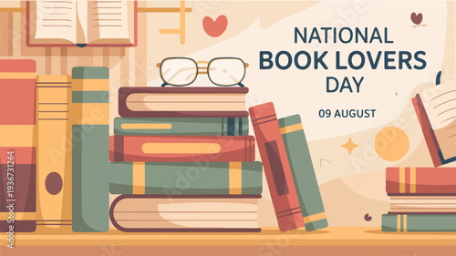 National book lovers day celebration with stacked books and glasses on a shelf
