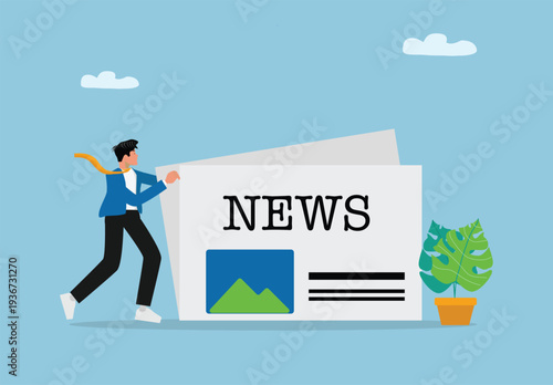 Creative flat illustration of person reading and interacting with giant newspaper labeled news representing information dissemination, journalism, media communication, and modern press concept