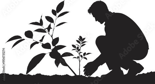 Man planting tree silhouette, gardener planting young plant nature conservation isolated black vector illustration scene