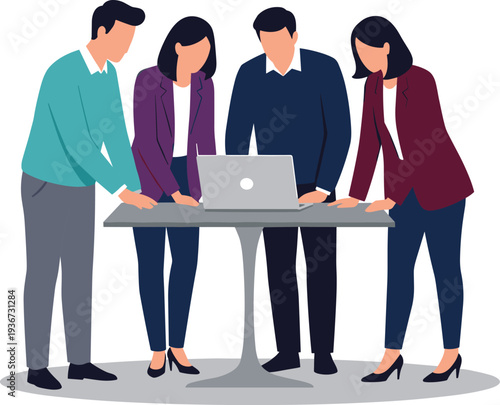 Business team discussing project, corporate meeting teamwork, people analyzing data at table, professional collaboration, office group work, digital strategy planning concept illustration