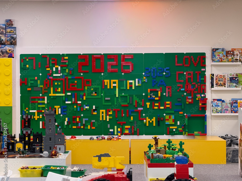 Fototapeta premium Lego playroom wall with 2026 mural
