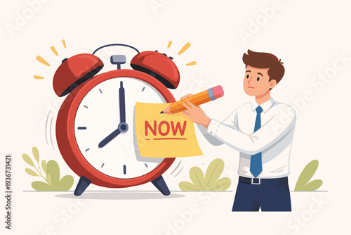 Businessman writing NOW on a sticky note on a large alarm clock, stop procrastination and time management concept, decision to finish work or appointment in time, productivity and urgency vector