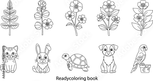 Collection of simple line art drawings of animals and plants for children's coloring book
