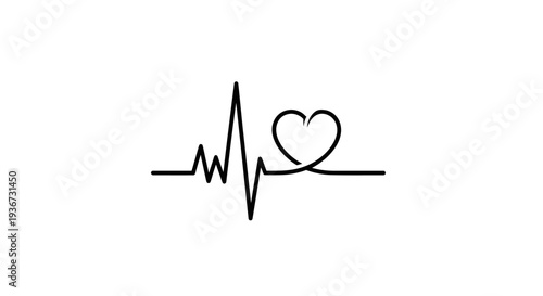 Outline drawing of a continuous ECG heartbeat pulse line, representing medical health and vital signs monitoring, isolated white background.