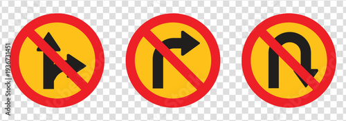 turn right prohibited road sign collection  no forward and left turn allowed  move direction forbidden  red crossed circle vector pictogram