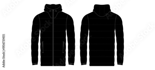 Black Hooded Puffer Jacket Front and Back View Vector Template