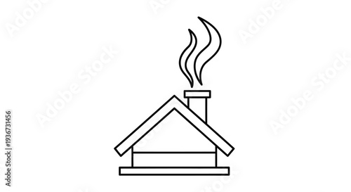 Outline drawing of a charming house with smoke rising from its chimney, symbolizing warmth, heating, and cozy home life, isolated white background.