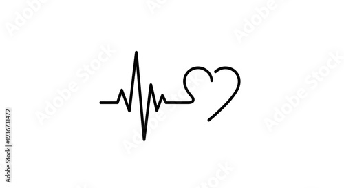 Outline drawing of an abstract ECG heartbeat line forming a loving heart shape, representing medical health and care, isolated white background.