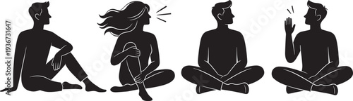 People talking silhouettes set, seated men women conversation communication discussion isolated black vector illustration collection