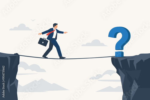 Businessman walking on a tightrope over a cliff towards a giant question mark, representing business risk, uncertainty, overcoming challenges, and finding solutions in a difficult environment.