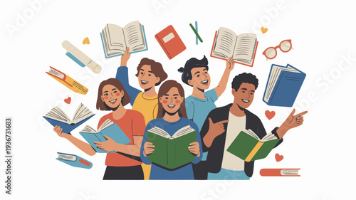 Group of diverse young adults surrounded by books and stationery celebrating reading and learning together in a vibrant colorful illustration