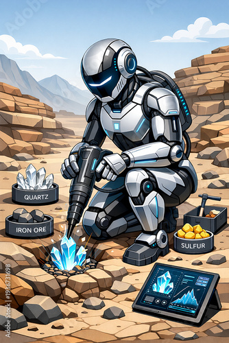 Vector Illustration of AI robotic geologist collecting mineral samples in a rocky terrain