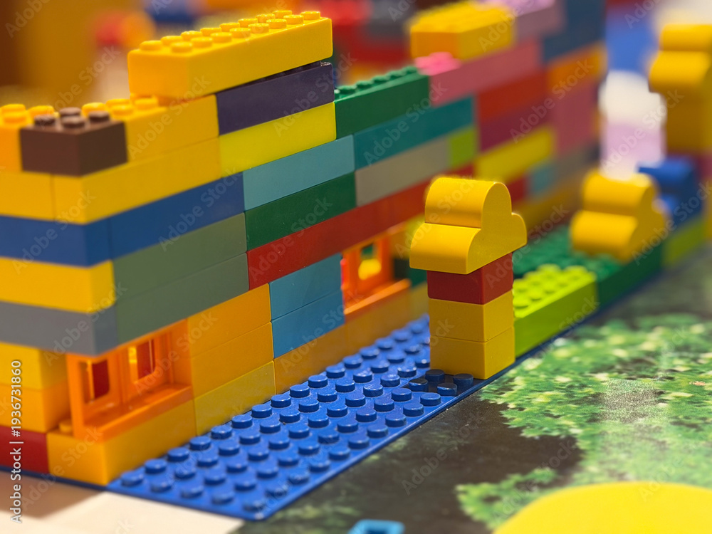 Fototapeta premium Colorful lego brick wall on blue baseplate