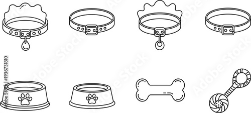 Collection of simple line art icons for pet accessories including collars, bowls, and toys