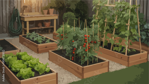 Serene backyard garden with wooden raised beds lush greenery and vibrant vegetables in a tranquil setting with natural lighting