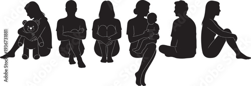 Set of sitting people silhouettes, men women mothers with babies isolated black vector collection diverse poses